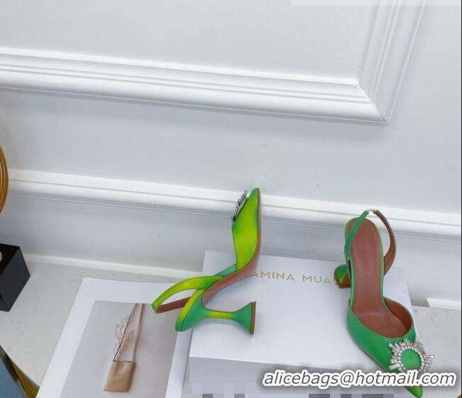 Top Quality Amina Muaddi Iridescent Calfskin Crystal Circle Slingback Pumps 9.5cm AM1009 Green 2021