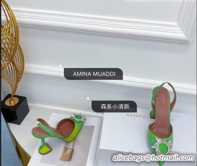 Top Quality Amina Muaddi Iridescent Calfskin Crystal Circle Slingback Pumps 9.5cm AM1009 Green 2021