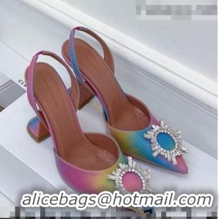 Fashion Amina Muaddi Iridescent Calfskin Crystal Circle Slingback Pumps 9.5cm AM1009 Multicolor 2021