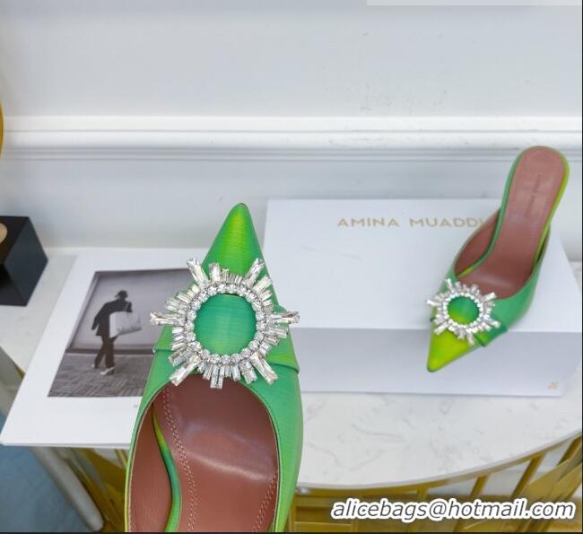 Shop Grade Amina Muaddi Iridescent Calfskin Crystal Circle Mules 9.5cm AM1009 Green 2021