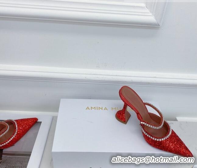 Low Price Amina Muaddi Sequins Crystal Strap Mules 9.5cm AM1017 Red 2021