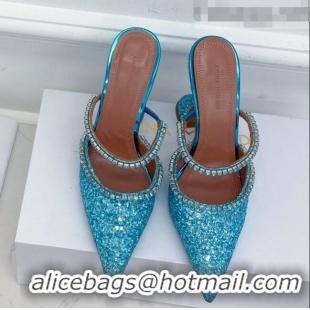 Inexpensive Amina Muaddi Sequins Crystal Strap Mules 9.5cm AM1017 Blue 2021