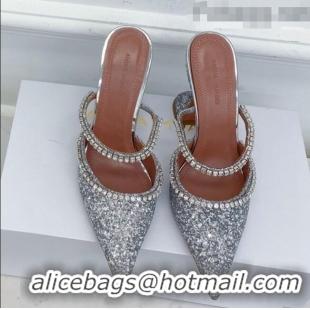 Classic Amina Muaddi Sequins Crystal Strap Mules 9.5cm AM1017 AM1017 Silver 2021