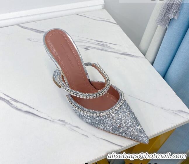 Classic Amina Muaddi Sequins Crystal Strap Mules 9.5cm AM1017 AM1017 Silver 2021