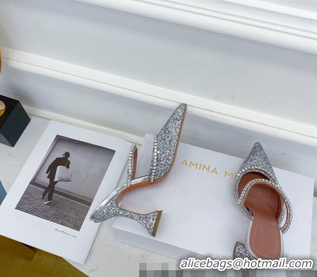 Classic Amina Muaddi Sequins Crystal Strap Mules 9.5cm AM1017 AM1017 Silver 2021