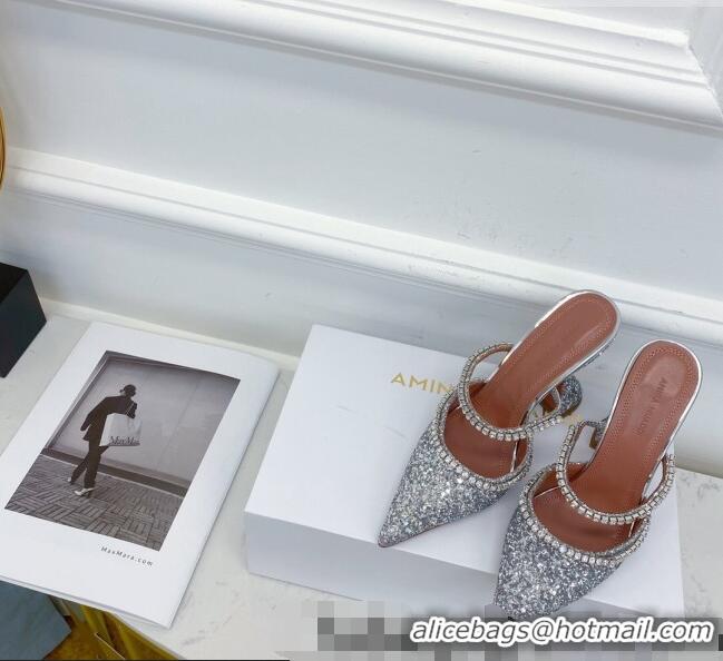 Classic Amina Muaddi Sequins Crystal Strap Mules 9.5cm AM1017 AM1017 Silver 2021