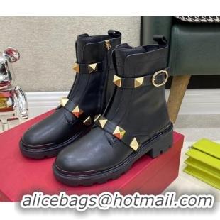 Classic Hot Valentino Roman Stud Calfskin Combat Short Boots 091814 Black/Gold 2021