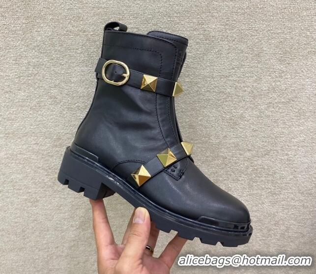 Classic Hot Valentino Roman Stud Calfskin Combat Short Boots 091814 Black/Gold 2021