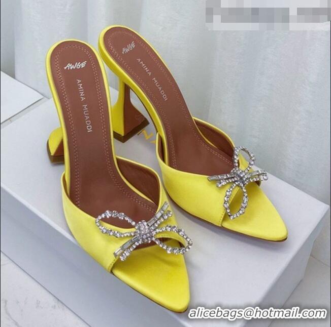 Good Product Amina Muaddi Silk Crystal Bow Heel Slide Sandals 9.5cm AM1401 Yellow 2021