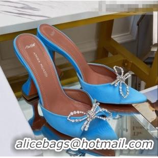 Well Crafted Amina Muaddi Silk Crystal Bow Heel Slide Sandals 9.5cm AM1401 Blue 2021