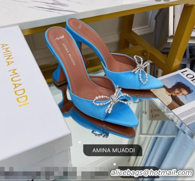 Well Crafted Amina Muaddi Silk Crystal Bow Heel Slide Sandals 9.5cm AM1401 Blue 2021