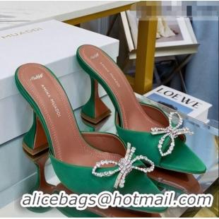 Top Quality Amina Muaddi Silk Crystal Bow Heel Slide Sandals 9.5cm AM1401 Green 2021