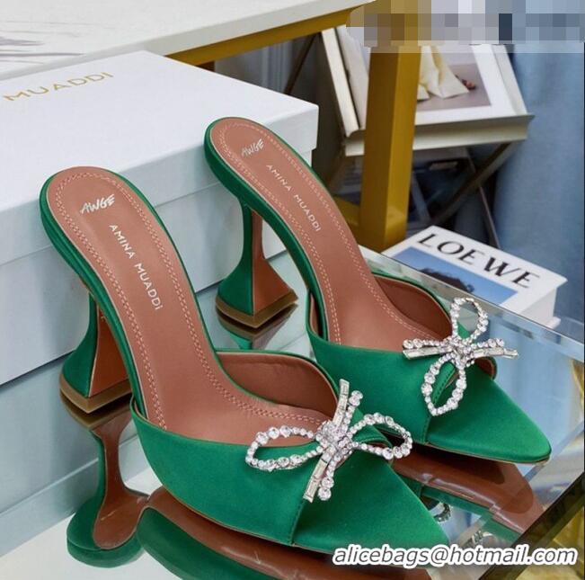 Top Quality Amina Muaddi Silk Crystal Bow Heel Slide Sandals 9.5cm AM1401 Green 2021