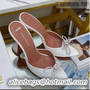 Top Grade Amina Muaddi Silk Crystal Bow Heel Slide Sandals 9.5cm AM1401 White 2021