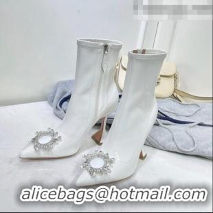 Famous Brand Amina Muaddi Patent Leather Short Boots with Crystal Buckle AM2317 White 2021