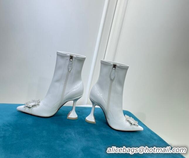 Famous Brand Amina Muaddi Patent Leather Short Boots with Crystal Buckle AM2317 White 2021