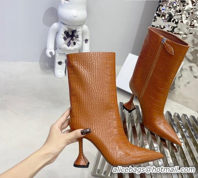 Buy Promotional Amina Muaddi Crocodile Embossed Short Boots AM2327 Brown 2021