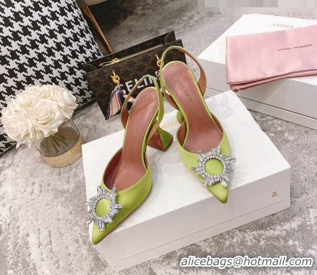 Inexpensive Amina Muaddi Silk Crystal Circle Slingback Pumps 9.5cm AM2331 Neon Green 2021