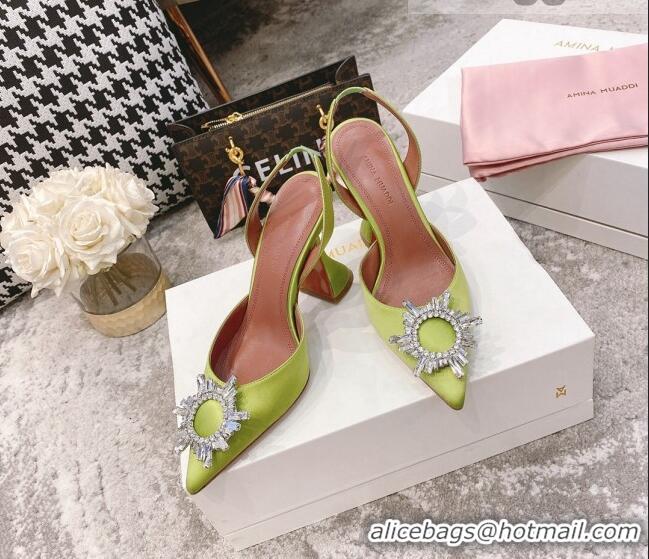 Inexpensive Amina Muaddi Silk Crystal Circle Slingback Pumps 9.5cm AM2331 Neon Green 2021