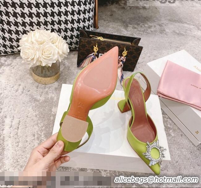 Inexpensive Amina Muaddi Silk Crystal Circle Slingback Pumps 9.5cm AM2331 Neon Green 2021