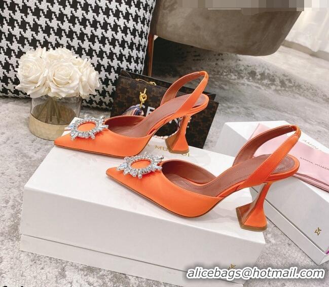 Low Cost Amina Muaddi Silk Crystal Circle Slingback Pumps 9.5cm AM2331 Orange 2021