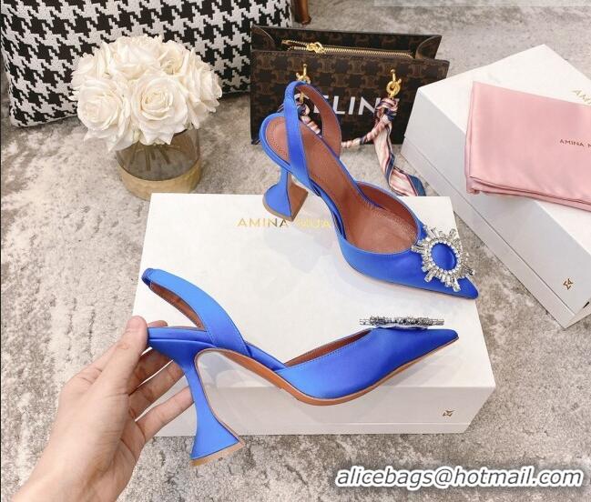 Fashionable Amina Muaddi Silk Crystal Circle Slingback Pumps 9.5cm AM2331 Sky Blue 2021