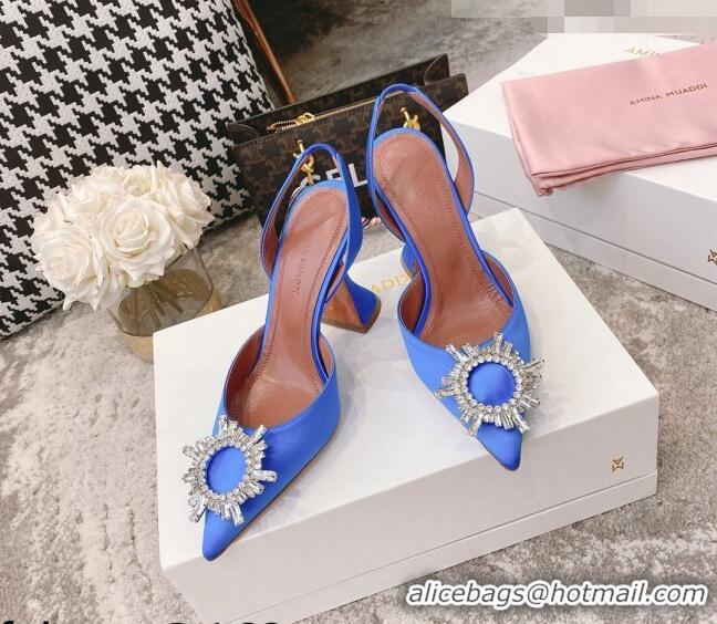 Fashionable Amina Muaddi Silk Crystal Circle Slingback Pumps 9.5cm AM2331 Sky Blue 2021