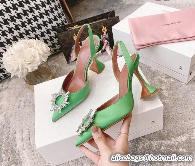 Buy Discount Amina Muaddi Silk Crystal Circle Slingback Pumps 9.5cm AM2331 Grass Green 2021