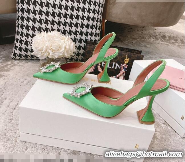 Buy Discount Amina Muaddi Silk Crystal Circle Slingback Pumps 9.5cm AM2331 Grass Green 2021