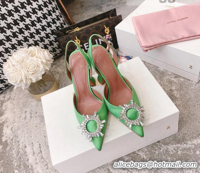 Buy Discount Amina Muaddi Silk Crystal Circle Slingback Pumps 9.5cm AM2331 Grass Green 2021