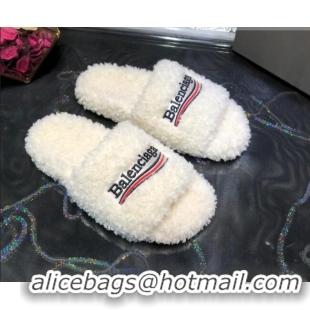 Popular Style Balenciaga Logo Wool Flat Slide Sandals 081213 White 2021