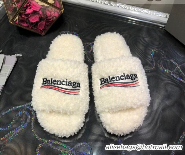 Popular Style Balenciaga Logo Wool Flat Slide Sandals 081213 White 2021