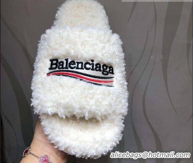 Popular Style Balenciaga Logo Wool Flat Slide Sandals 081213 White 2021