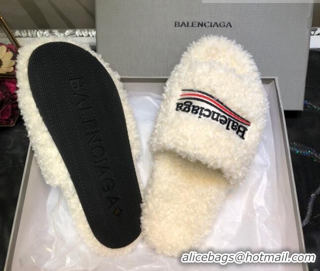 Popular Style Balenciaga Logo Wool Flat Slide Sandals 081213 White 2021