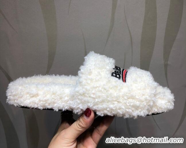 Popular Style Balenciaga Logo Wool Flat Slide Sandals 081213 White 2021