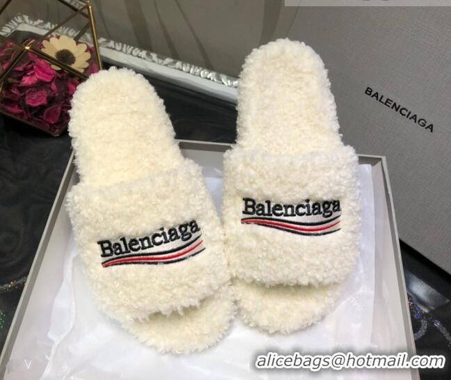 Popular Style Balenciaga Logo Wool Flat Slide Sandals 081213 White 2021