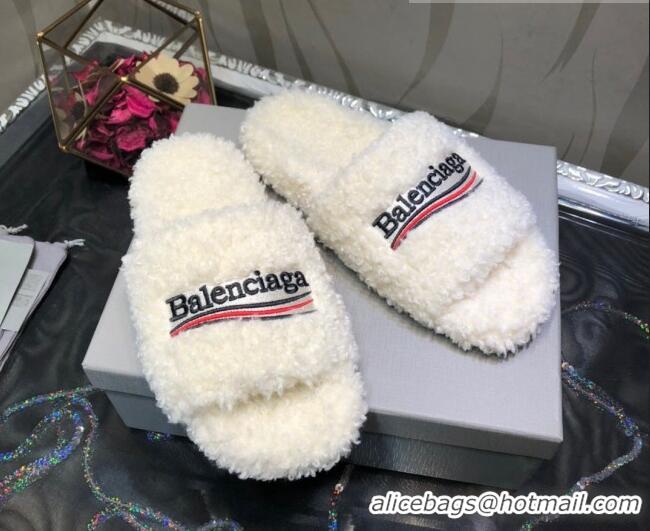 Popular Style Balenciaga Logo Wool Flat Slide Sandals 081213 White 2021