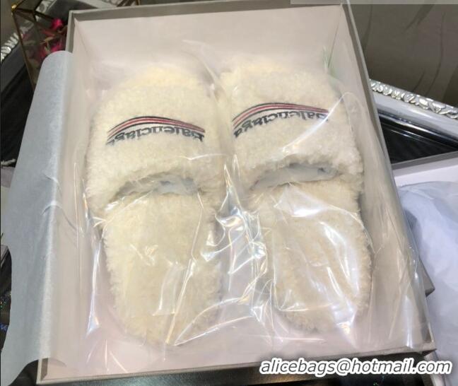 Popular Style Balenciaga Logo Wool Flat Slide Sandals 081213 White 2021