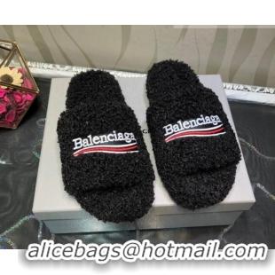 Classic Style Balenciaga Logo Wool Flat Slide Sandals 081213 Black 2021