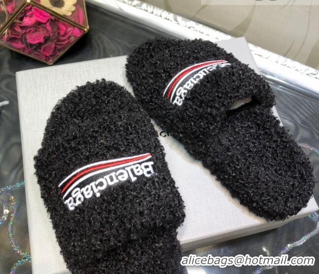 Classic Style Balenciaga Logo Wool Flat Slide Sandals 081213 Black 2021