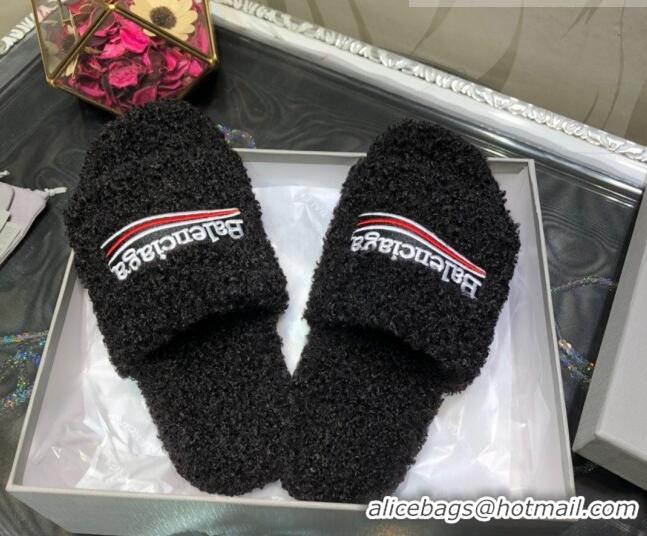 Classic Style Balenciaga Logo Wool Flat Slide Sandals 081213 Black 2021