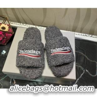 New Style Balenciaga Logo Wool Flat Slide Sandals 081215 Grey