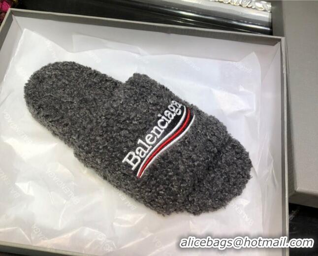 New Style Balenciaga Logo Wool Flat Slide Sandals 081215 Grey