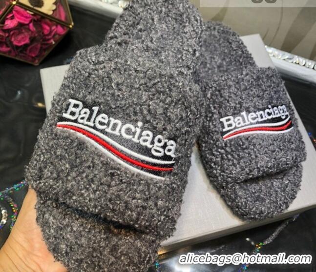 New Style Balenciaga Logo Wool Flat Slide Sandals 081215 Grey