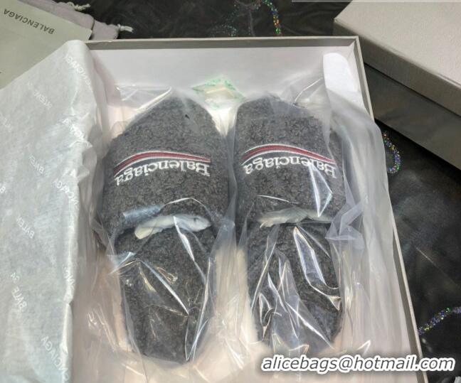 New Style Balenciaga Logo Wool Flat Slide Sandals 081215 Grey