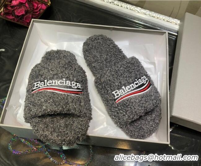 New Style Balenciaga Logo Wool Flat Slide Sandals 081215 Grey