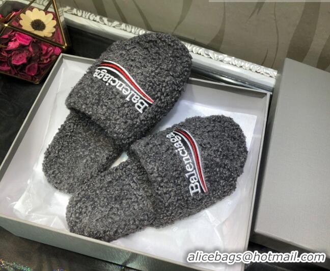 New Style Balenciaga Logo Wool Flat Slide Sandals 081215 Grey