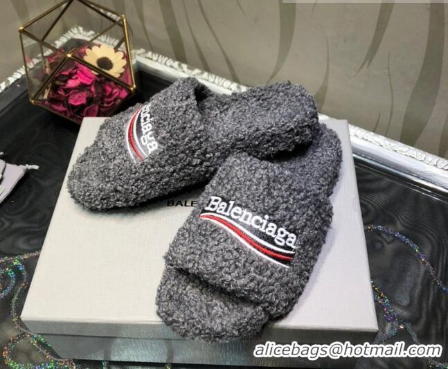 New Style Balenciaga Logo Wool Flat Slide Sandals 081215 Grey