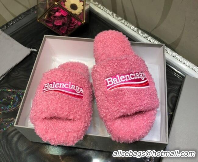 Best Luxury Balenciaga Logo Wool Flat Slide Sandals 081215 Pink