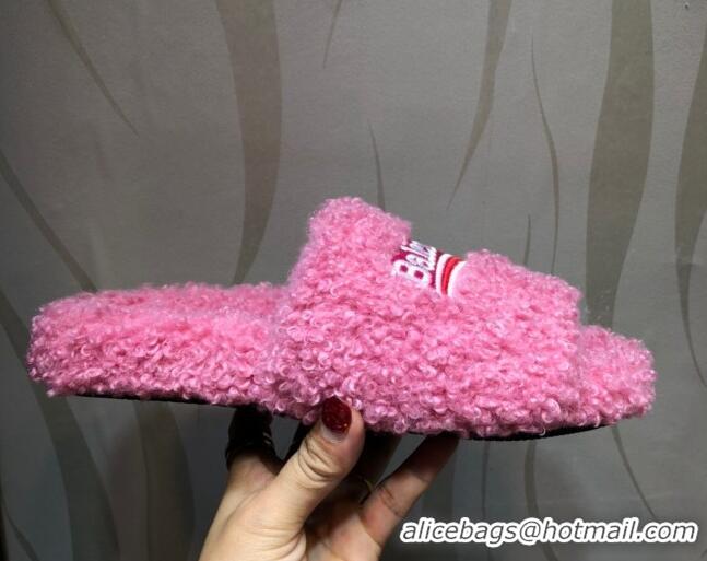 Best Luxury Balenciaga Logo Wool Flat Slide Sandals 081215 Pink